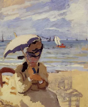 The painting Claude Monet Camille Sitting on the Beach at Trouville