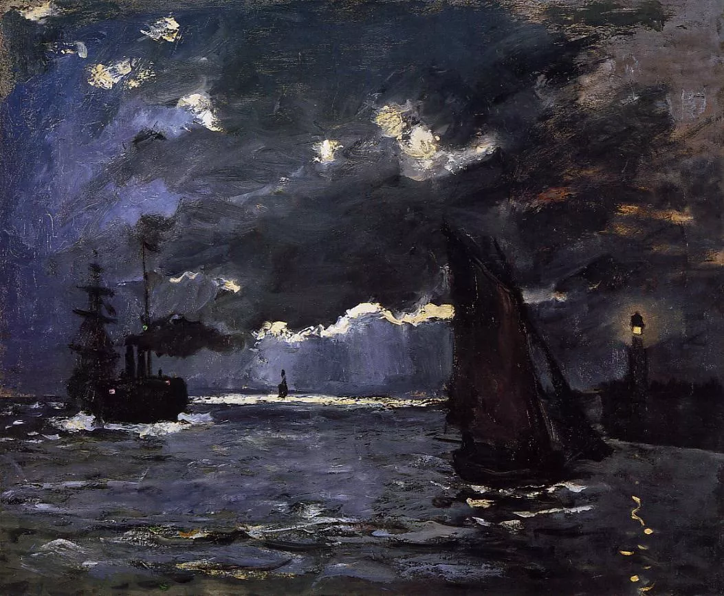Seascape, Night Effect Claude Monet's Seascape, Night Effect, showing a dark sea beneath a subdued evening sky