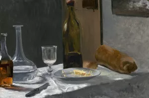 The painting Claude Monet Still Life with Bottle, Carafe Bread and Wine