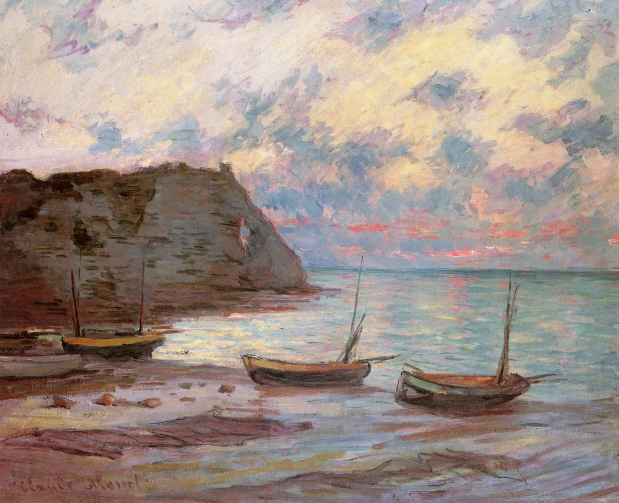 Sunset at Etretat Claude Monet's Sunset at Etretat, depicting the Normandy coast beneath a glowing evening sky