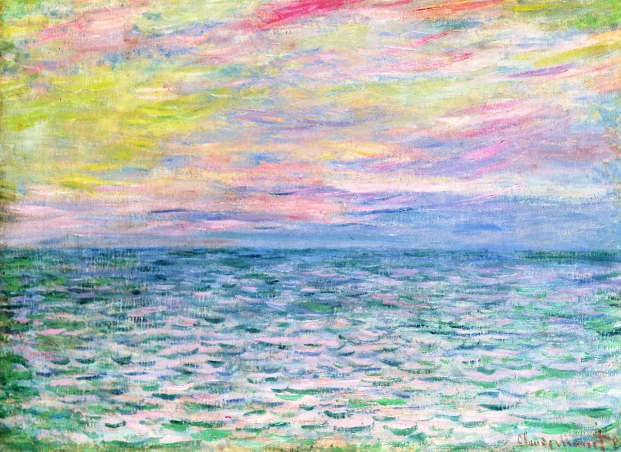 Sunset at Pourville, Open Sea Claude Monet's Sunset at Pourville, Open Sea, with warm evening light across the water
